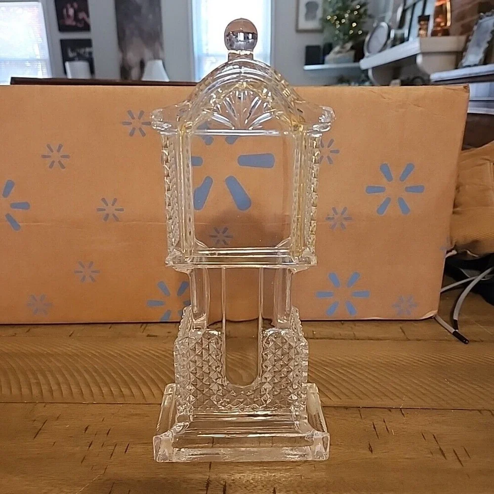 Vintage Clear Pressed Glass Grandfather Clock Case Diamond Point Sunburst Decor